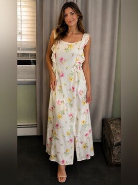 a new day Ivory Floral Ruffle Sleeve Dress with Pink & Yellow Flowers